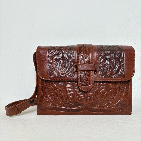 Vintage Handmade Mexico Tooled Leather Floral Boho Bag Purse Butterflies Rose - Picture 3 of 16